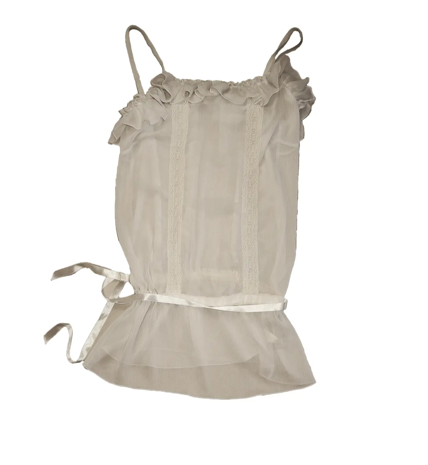 Whisper-Soft Romance: Pre-Loved Cream Ruffle and Lace Top